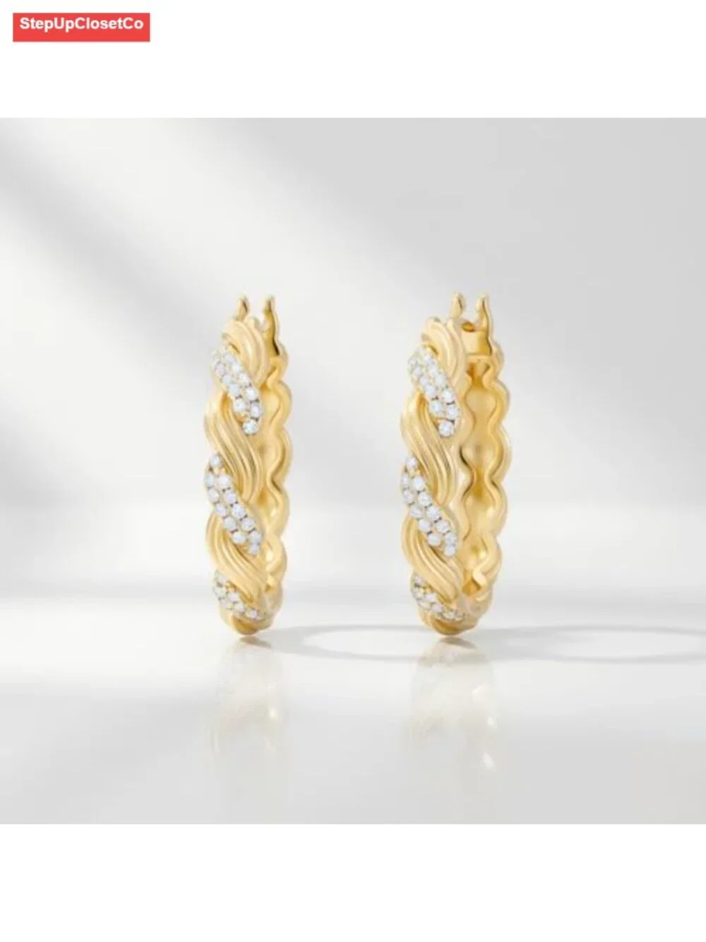 14k Gold Plated Twisted Huggie Hoop Earrings for Women with Cubic Zirconia 25mm